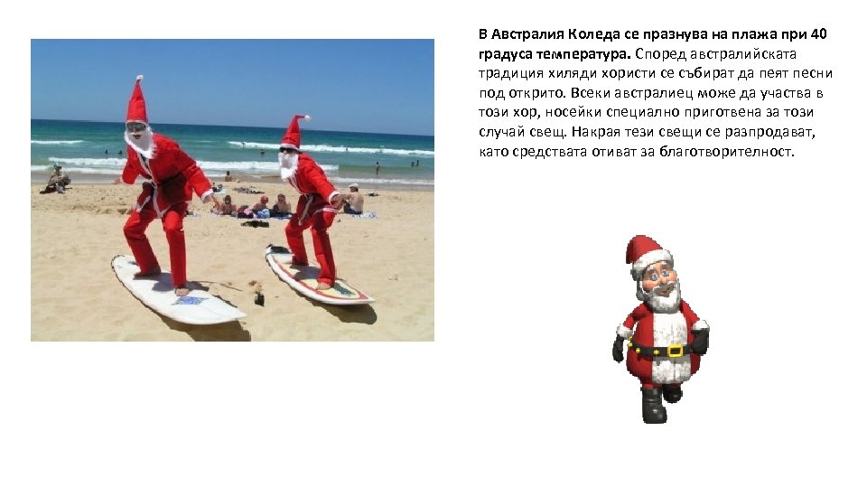 В Австралия Коледа се празнува на плажа при 40 градуса температура. Според австралийската традиция