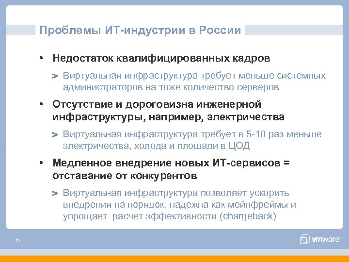Проблемы ИТ-индустрии в России • Недостаток квалифицированных кадров Виртуальная инфраструктура требует меньше системных администраторов