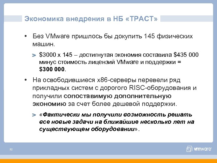 Экономика внедрения в НБ «ТРАСТ» • Без VMware пришлось бы докупить 145 физических машин.