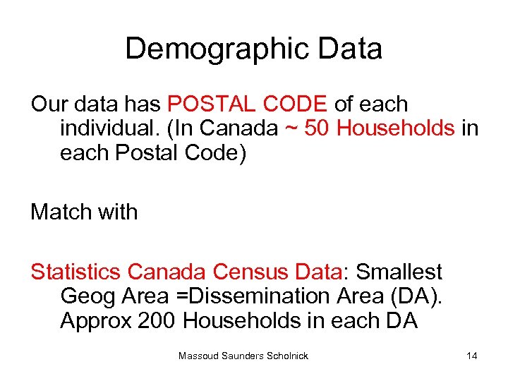 Demographic Data Our data has POSTAL CODE of each individual. (In Canada ~ 50