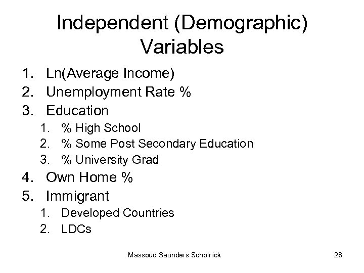 Independent (Demographic) Variables 1. Ln(Average Income) 2. Unemployment Rate % 3. Education 1. %