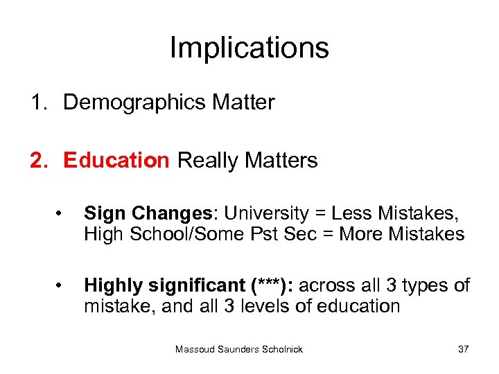 Implications 1. Demographics Matter 2. Education Really Matters • Sign Changes: University = Less