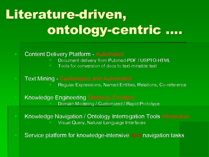 Literature-driven, ontology-centric …. § Content Delivery Platform - Automated § § § Text Mining