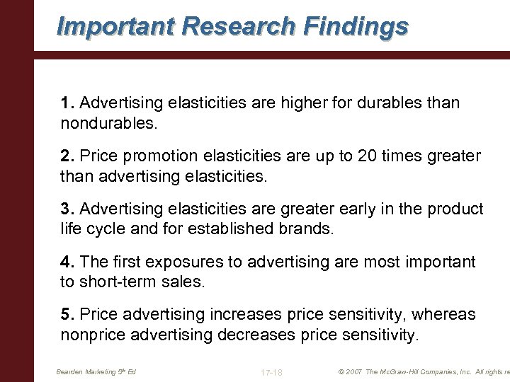 Important Research Findings 1. Advertising elasticities are higher for durables than nondurables. 2. Price