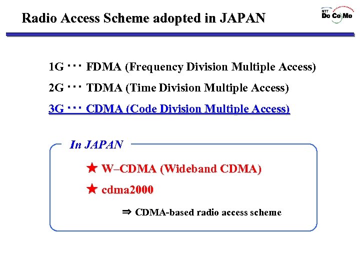 Radio Access Scheme adopted in JAPAN 1 G ･･･ FDMA (Frequency Division Multiple Access)
