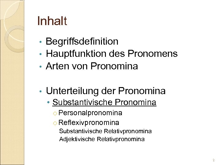 Inhalt Begriffsdefinition • Hauptfunktion des Pronomens • Arten von Pronomina • • Unterteilung der