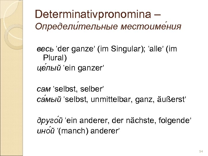 Determinativpronomina – Определи тельные местоиме ния тельные ния весь ‛der ganze’ (im Singular); ‛alle’
