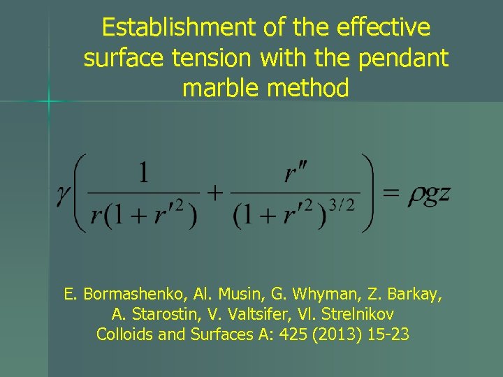 Establishment of the effective surface tension with the pendant marble method E. Bormashenko, Al.