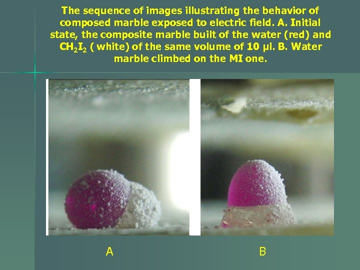 The sequence of images illustrating the behavior of composed marble exposed to electric field.
