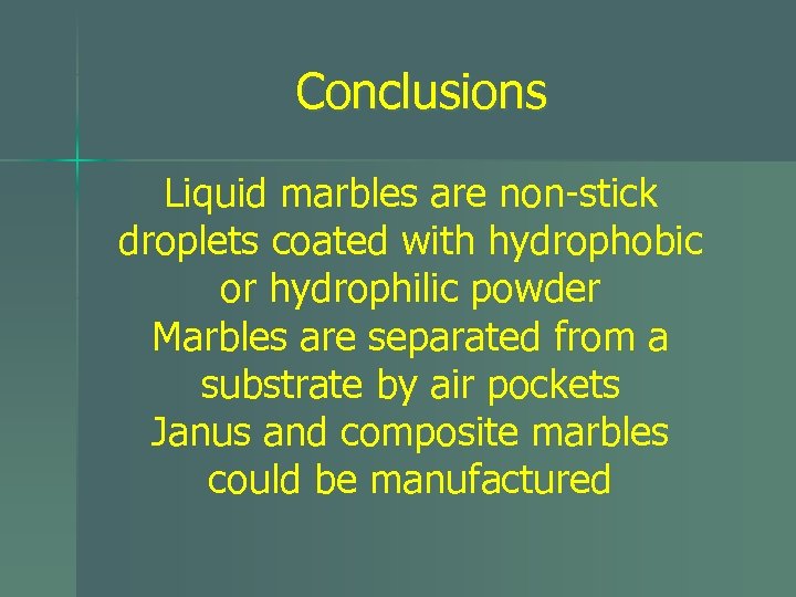 Conclusions Liquid marbles are non-stick droplets coated with hydrophobic or hydrophilic powder Marbles are