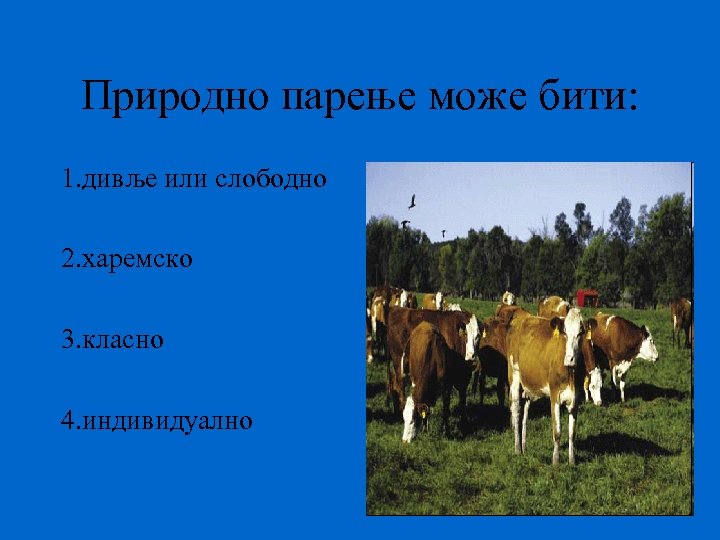 Природно парење може бити: 1. дивље или слободно 2. харемско 3. класно 4. индивидуално