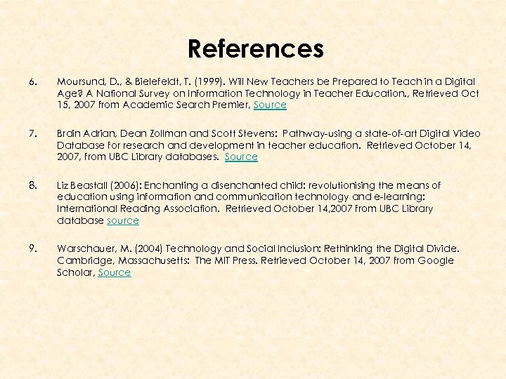 References 6. Moursund, D. , & Bielefeldt, T. (1999). Will New Teachers be Prepared