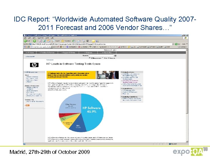IDC Report: “Worldwide Automated Software Quality 20072011 Forecast and 2006 Vendor Shares…” Madrid, 27