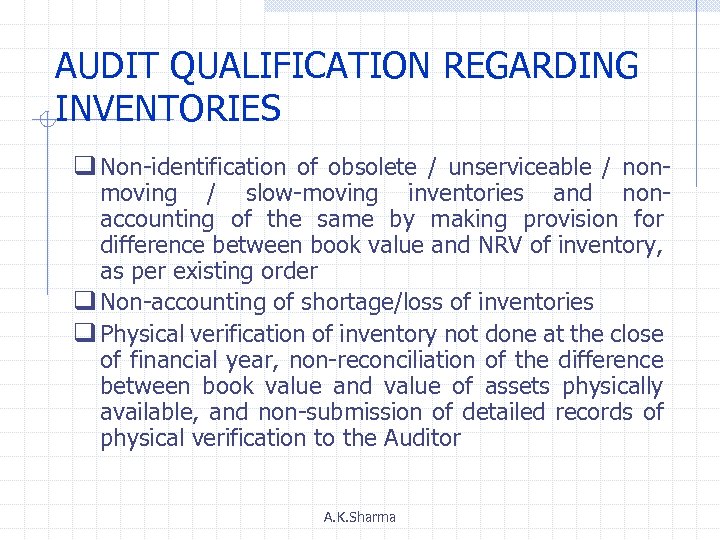 AUDIT QUALIFICATION REGARDING INVENTORIES q Non-identification of obsolete / unserviceable / nonmoving / slow-moving