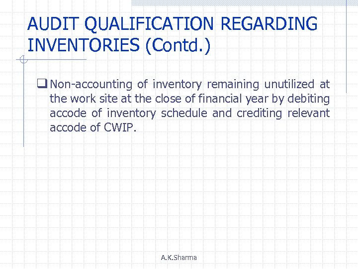 AUDIT QUALIFICATION REGARDING INVENTORIES (Contd. ) q Non-accounting of inventory remaining unutilized at the