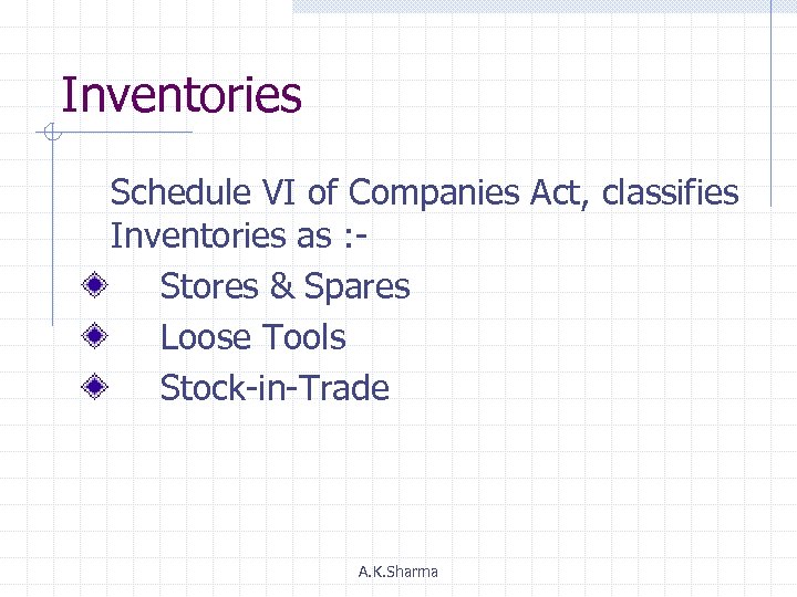 Inventories Schedule VI of Companies Act, classifies Inventories as : Stores & Spares Loose