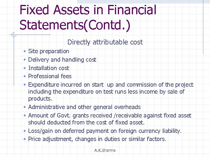 Fixed Assets in Financial Statements(Contd. ) Directly attributable cost w w w w w