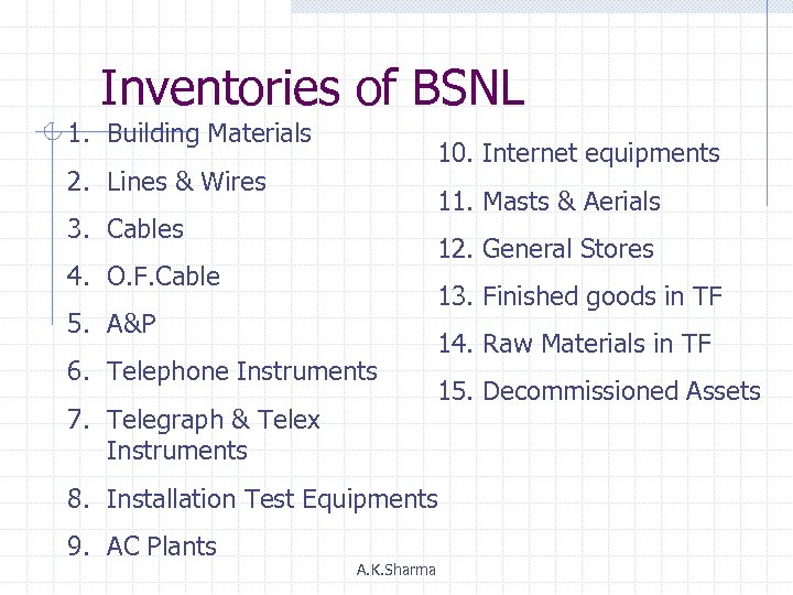 Inventories of BSNL 1. Building Materials 10. Internet equipments 2. Lines & Wires 11.