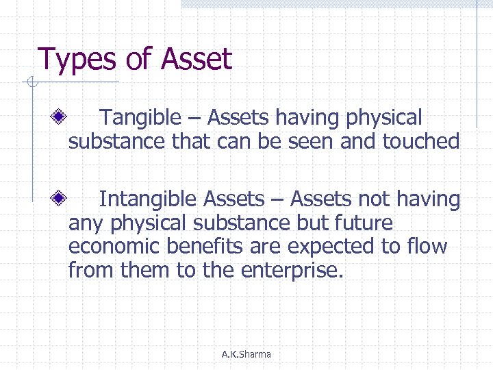 Types of Asset Tangible – Assets having physical substance that can be seen and