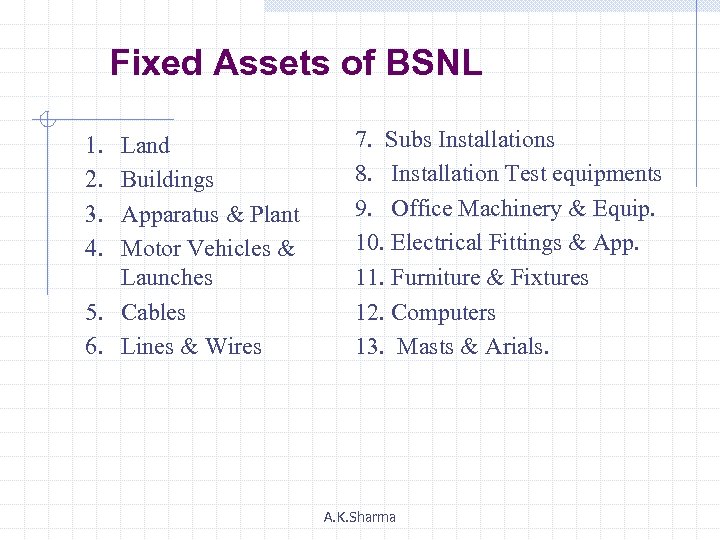 Fixed Assets of BSNL 1. 2. 3. 4. Land Buildings Apparatus & Plant Motor