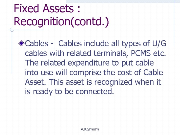 Fixed Assets : Recognition(contd. ) Cables - Cables include all types of U/G cables