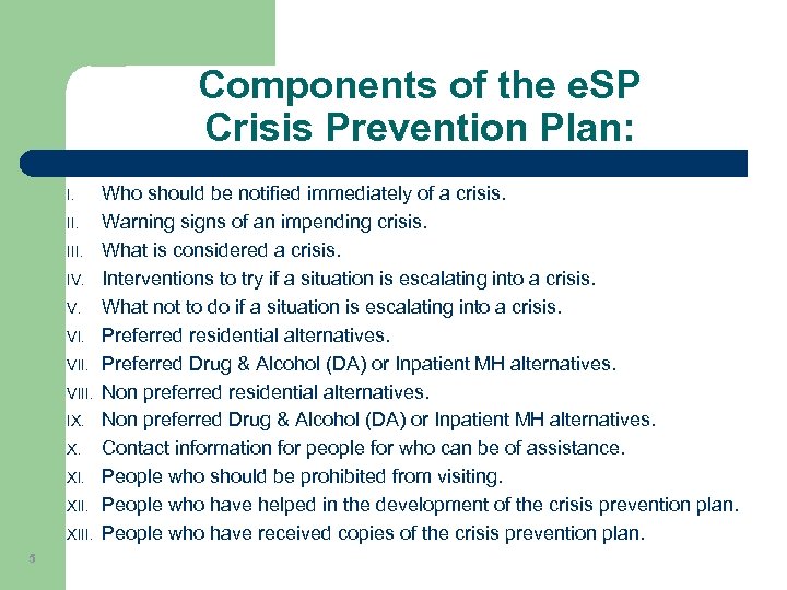 Components of the e. SP Crisis Prevention Plan: I. III. IV. V. VIII. IX.