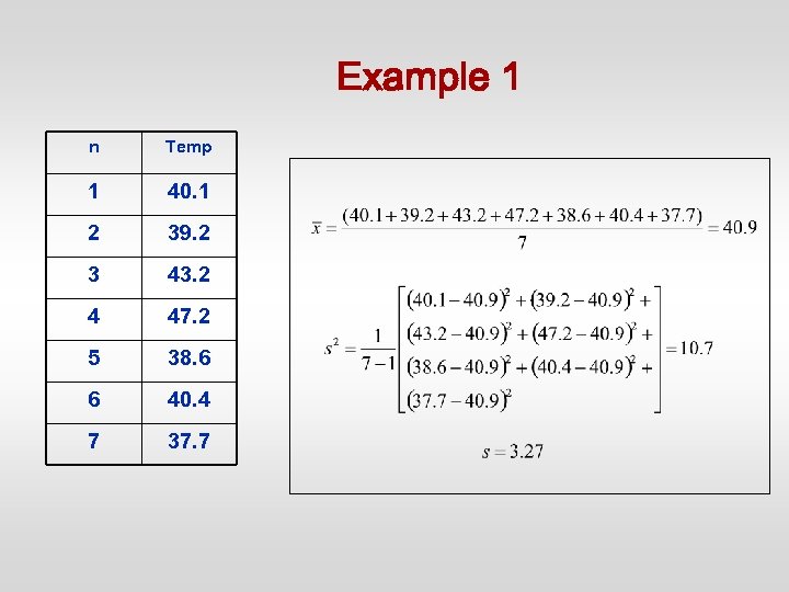 Example 1 n Temp 1 40. 1 2 39. 2 3 43. 2 4