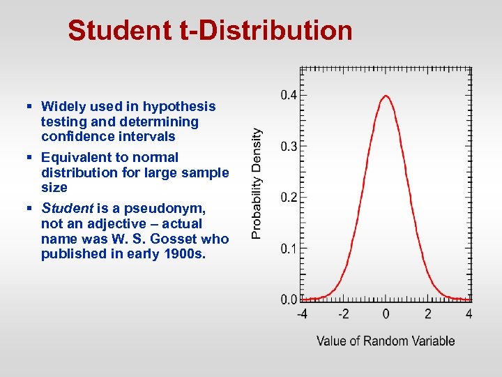 Student t-Distribution § Widely used in hypothesis testing and determining confidence intervals § Equivalent