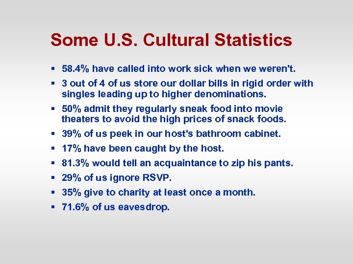 Some U. S. Cultural Statistics § 58. 4% have called into work sick when