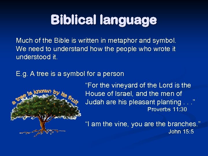 Biblical language Much of the Bible is written in metaphor and symbol. We need