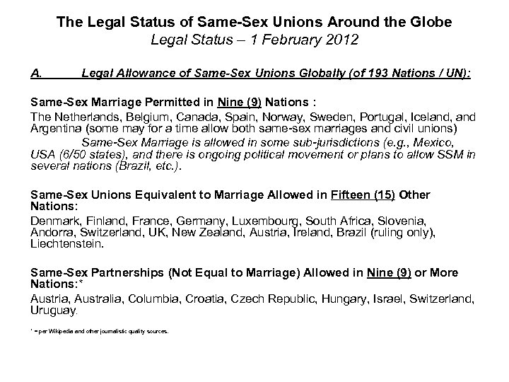 The Legal Status of Same-Sex Unions Around the Globe Legal Status – 1 February
