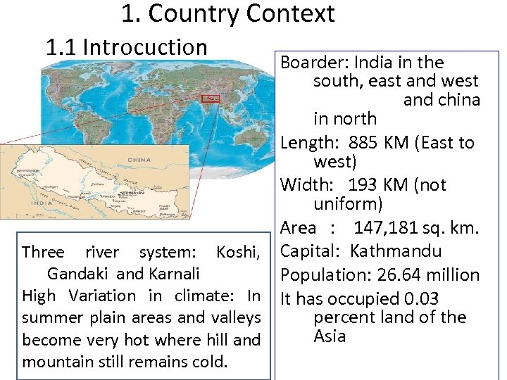 1. Country Context 1. 1 Introcuction Three river system: Koshi, Gandaki and Karnali High