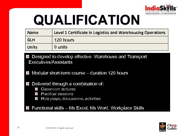 QUALIFICATION Name Level 1 Certificate in Logistics and Warehousing Operations GLH 120 hours Units