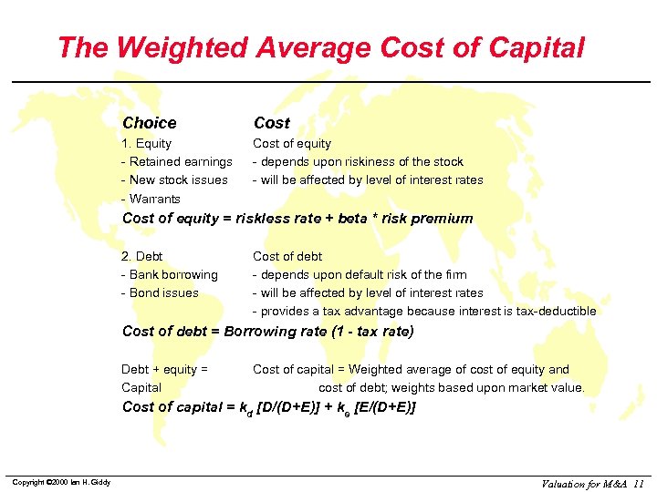 The Weighted Average Cost of Capital Choice Cost 1. Equity - Retained earnings -