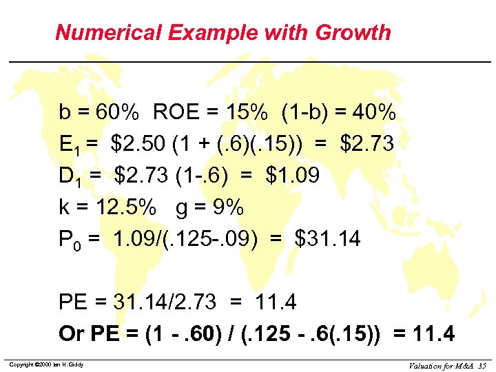 Numerical Example with Growth b = 60% ROE = 15% (1 -b) = 40%