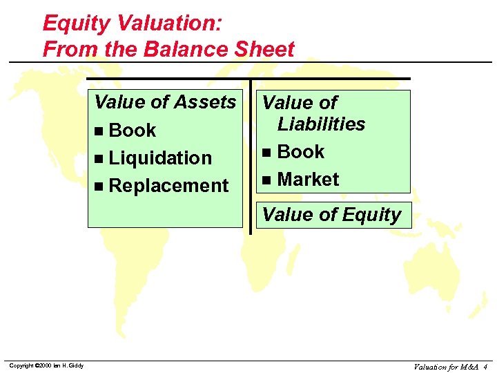 Equity Valuation: From the Balance Sheet Value of Assets n Book n Liquidation n