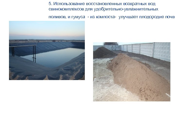 5. Использование восстановленных возвратных вод свинокомплексов для удобрительно-увлажнительных поливов, и гумуса - из компоста-