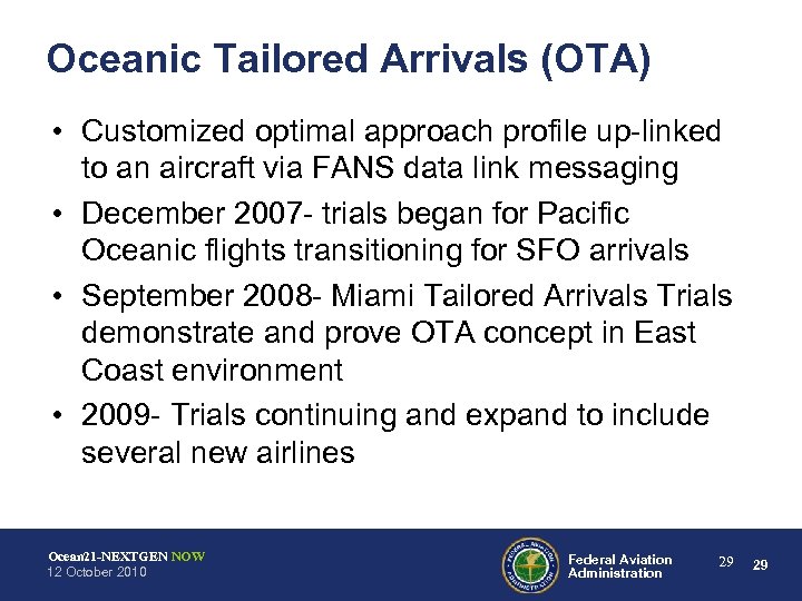Oceanic Tailored Arrivals (OTA) • Customized optimal approach profile up-linked to an aircraft via
