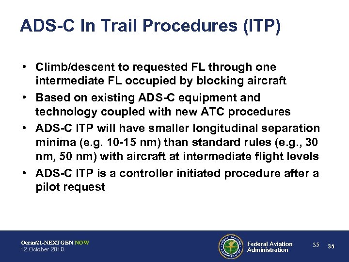 ADS-C In Trail Procedures (ITP) • Climb/descent to requested FL through one intermediate FL