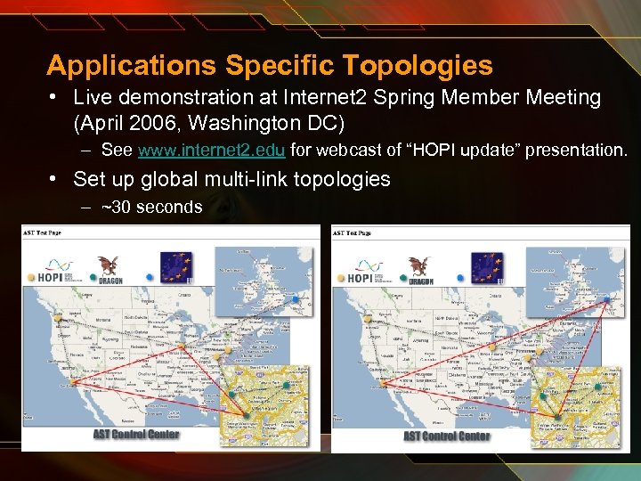  Applications Specific Topologies • Live demonstration at Internet 2 Spring Member Meeting (April