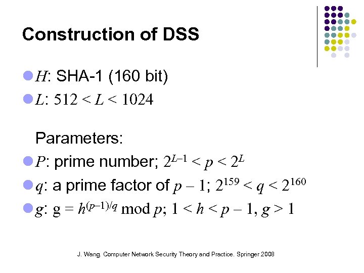 Construction of DSS H: SHA-1 (160 bit) L: 512 < L < 1024 Parameters: