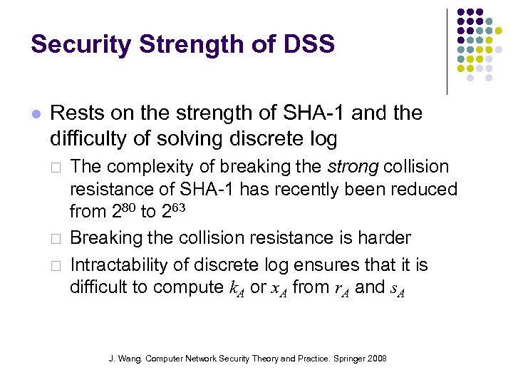 Security Strength of DSS Rests on the strength of SHA-1 and the difficulty of