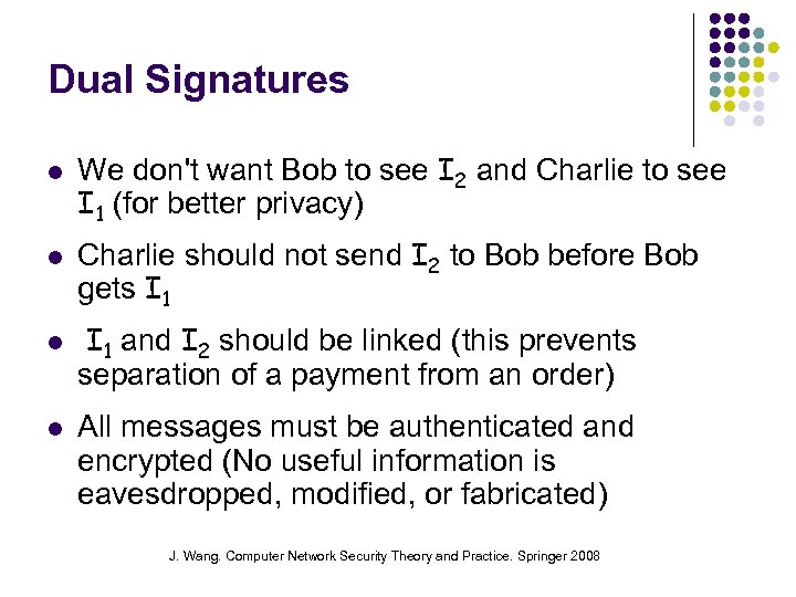 Dual Signatures We don't want Bob to see I 2 and Charlie to see