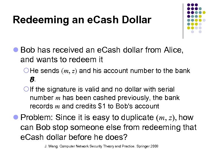 Redeeming an e. Cash Dollar Bob has received an e. Cash dollar from Alice,