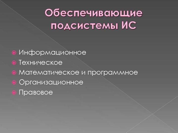 Обеспечивающие подсистемы ИС Информационное Техническое Математическое и программное Организационное Правовое 