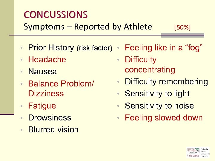 CONCUSSIONS Symptoms – Reported by Athlete [50%] • Prior History (risk factor) • Feeling