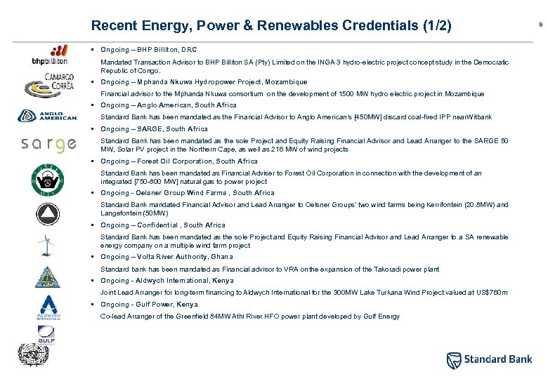 Recent Energy, Power & Renewables Credentials (1/2) § Ongoing – BHP Billiton, DRC Mandated