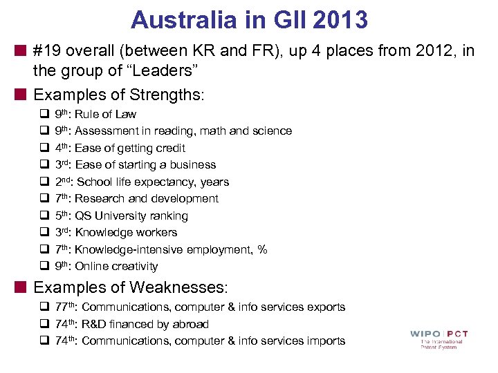 Australia in GII 2013 #19 overall (between KR and FR), up 4 places from