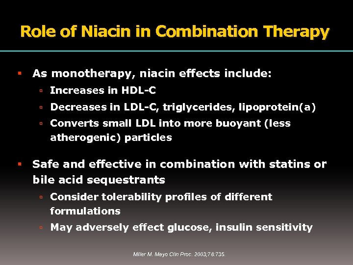 Role of Niacin in Combination Therapy As monotherapy, niacin effects include: Increases in HDL-C