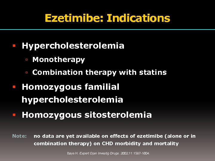 Ezetimibe: Indications Hypercholesterolemia Monotherapy Combination therapy with statins Homozygous familial hypercholesterolemia Homozygous sitosterolemia Note: